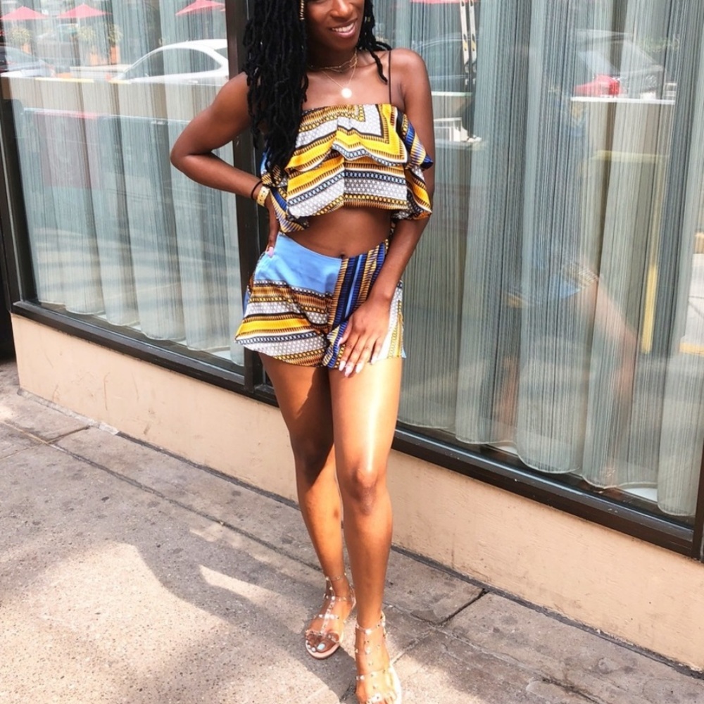 Pretty Little Thing Blue and Yellow Satin Tribal Print Two-Piece Set/Coord Set - Picture 8 of 9